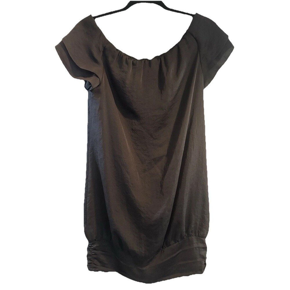 🖤Club Monaco olive Green Off Shoulder Shift Dress Flutter Bubble Style Hem Sz 4